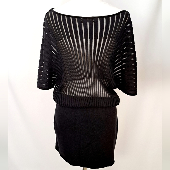 Trina Turk Black Sweater Knit Dress Mini Pima Cotton Mesh Dolman Sleeve LBD M - Picture 3 of 16